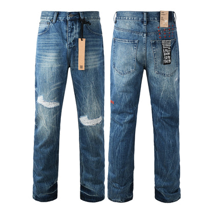 Men Streetwear Jeans Vintage Blue Washed with Knee Repair Details and Graphic Back Pocket Patch 3039