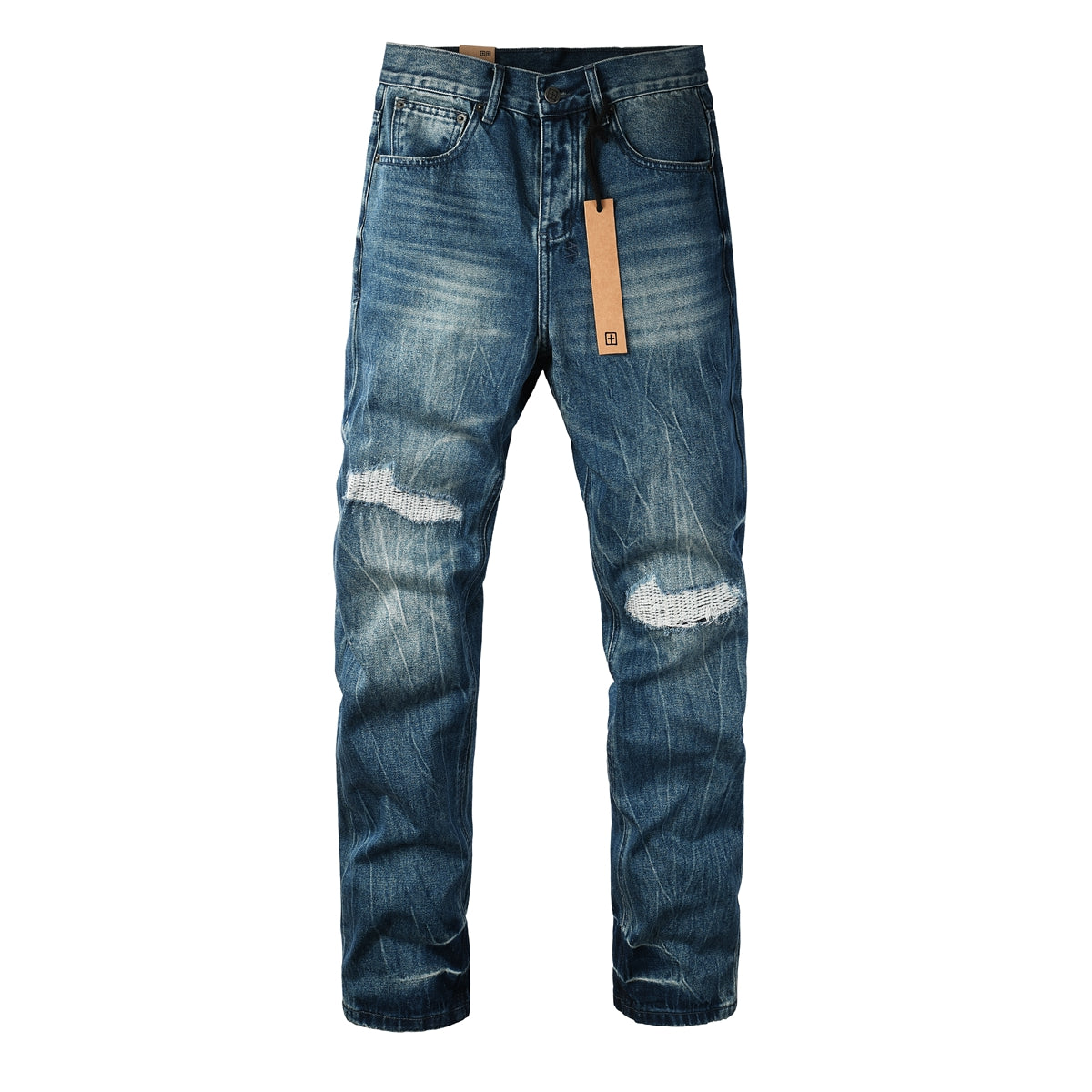 Men Streetwear Jeans Vintage Blue Washed with Knee Repair Details and Graphic Back Pocket Patch 3039