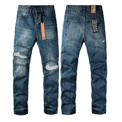 Men Streetwear Jeans Vintage Blue Washed with Knee Repair Details and Graphic Back Pocket Patch 3039