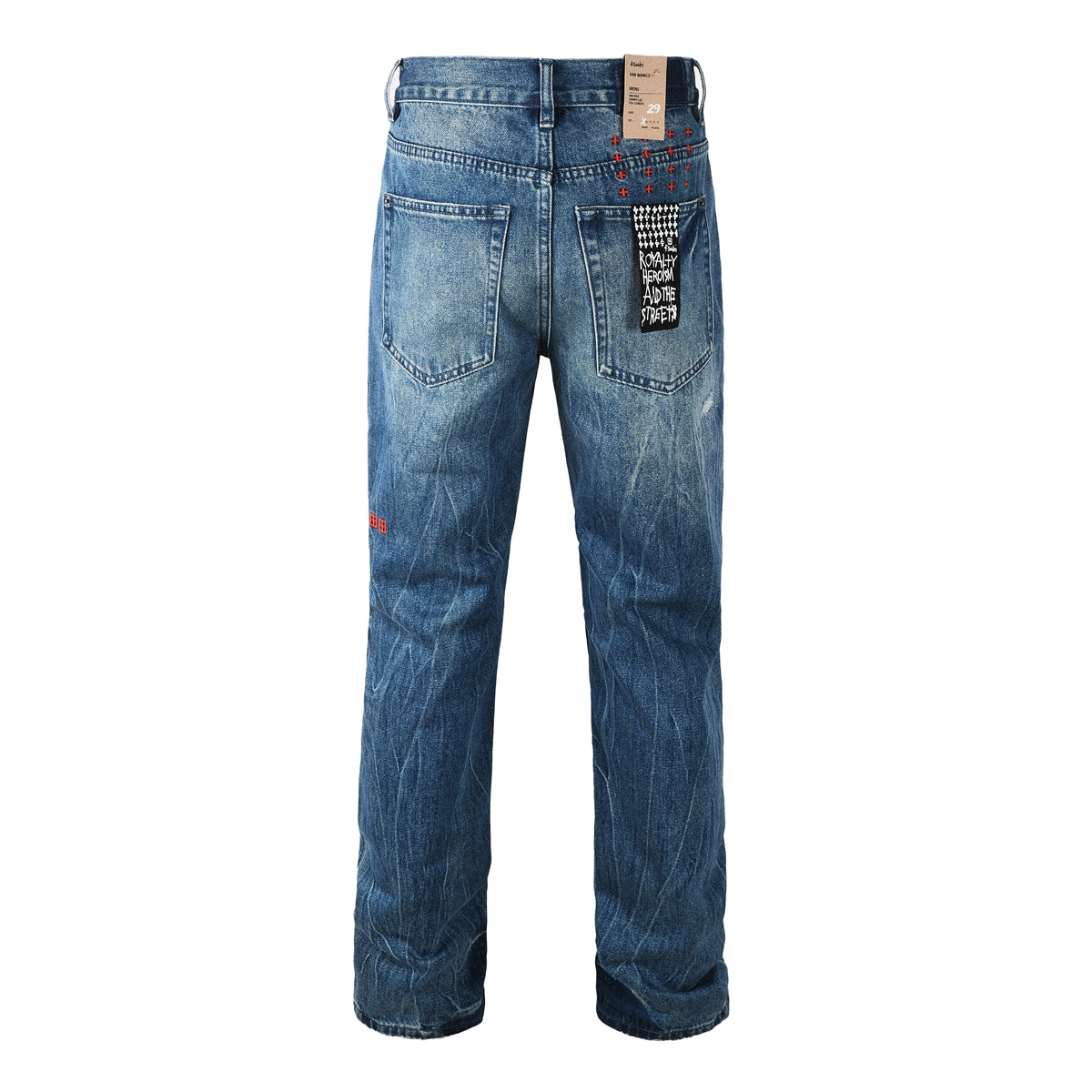 Men Streetwear Jeans Vintage Blue Washed with Knee Repair Details and Graphic Back Pocket Patch 3039