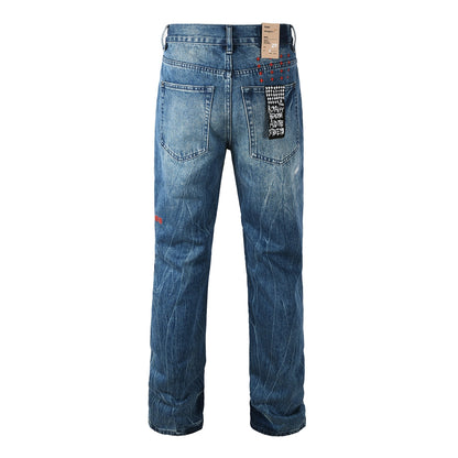 Men Streetwear Jeans Vintage Blue Washed with Knee Repair Details and Graphic Back Pocket Patch 3039