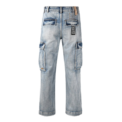 Y2K Style Baggy Light Blue Washed Cargo Jeans with Patchwork Pockets and Graffiti Print 3043