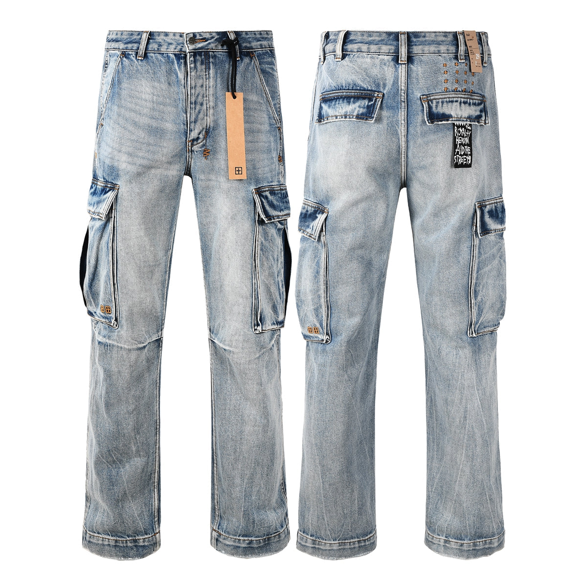 Y2K Style Baggy Light Blue Washed Cargo Jeans with Patchwork Pockets and Graffiti Print 3043
