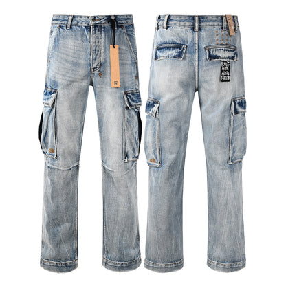 Y2K Style Baggy Light Blue Washed Cargo Jeans with Patchwork Pockets and Graffiti Print 3043