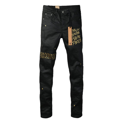 Edgy Streetwear Men’s Black Ripped Jeans with Graphic Back Print and Natural Fade Effect for Everyday Looks 3045