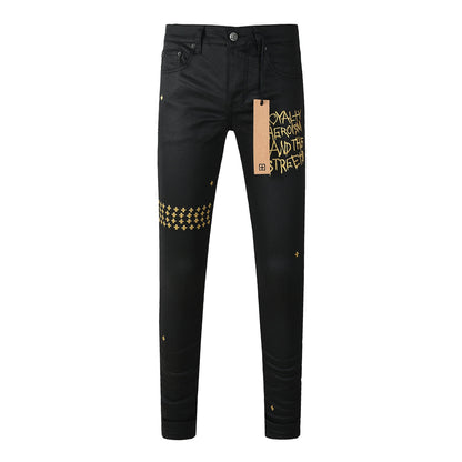 Edgy Streetwear Men’s Black Ripped Jeans with Graphic Back Print and Natural Fade Effect for Everyday Looks 3045