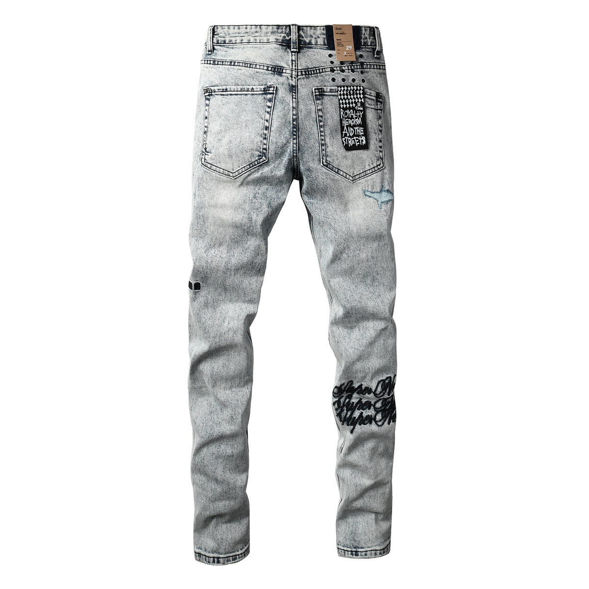 Men’s Edgy Light Washed Skinny Jeans with Distressed Details and Scripted Back Patch Print 3046