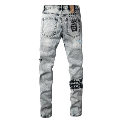 Men’s Edgy Light Washed Skinny Jeans with Distressed Details and Scripted Back Patch Print 3046