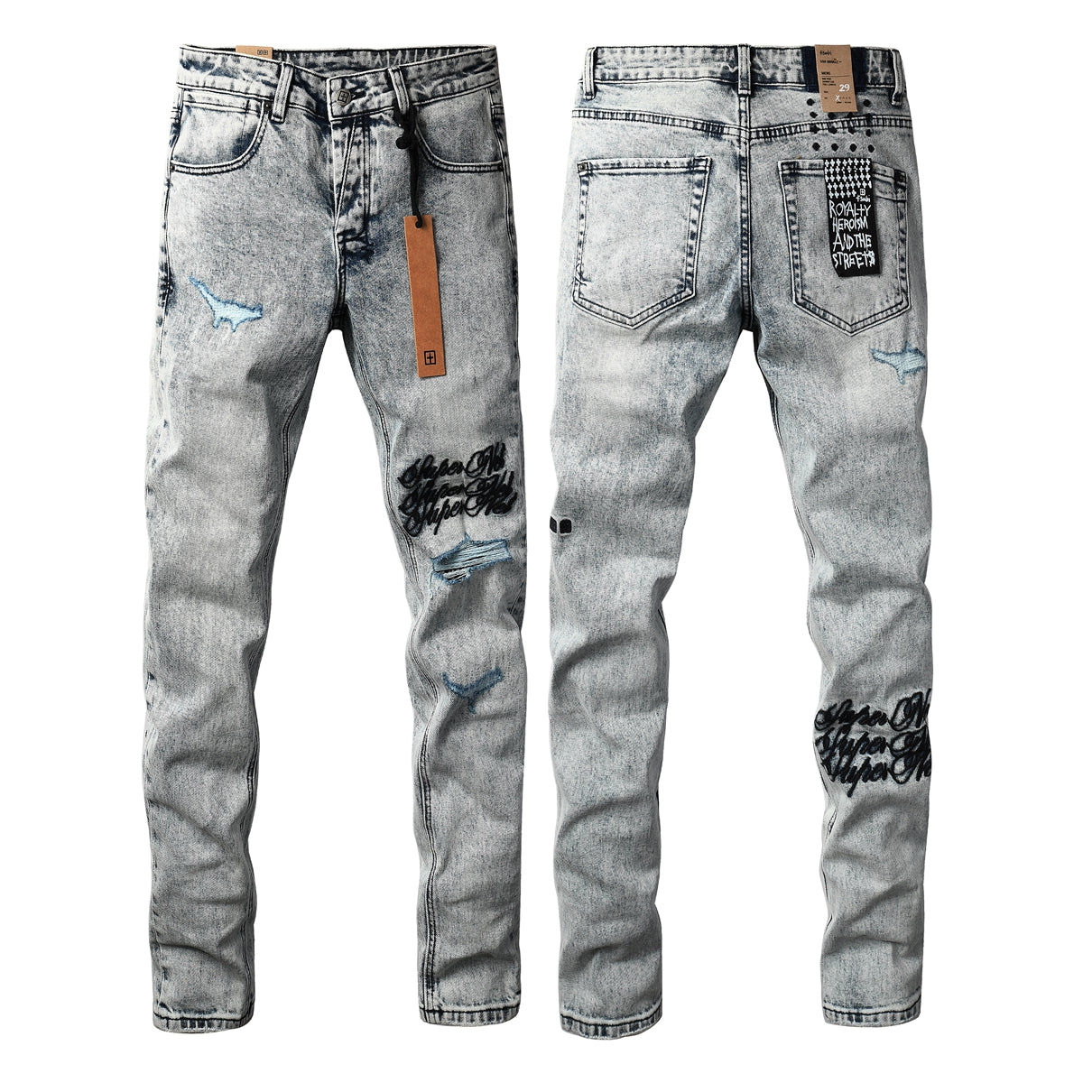 Men’s Edgy Light Washed Skinny Jeans with Distressed Details and Scripted Back Patch Print 3046