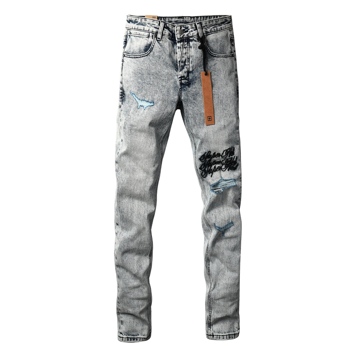 Men’s Edgy Light Washed Skinny Jeans with Distressed Details and Scripted Back Patch Print 3046