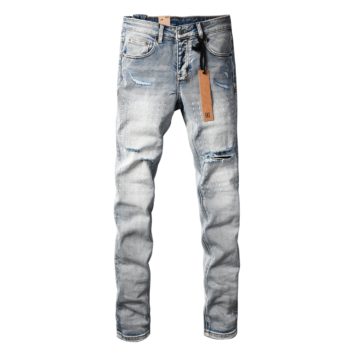 Men's Light Blue Slim Fit Distressed Jeans with Decorative Stitching, Graphic Patchwork, and Urban Street Style 3047