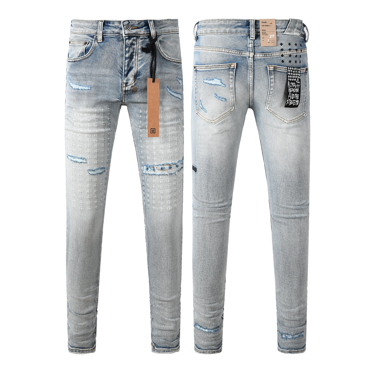 Men's Light Blue Slim Fit Distressed Jeans with Decorative Stitching, Graphic Patchwork, and Urban Street Style 3047