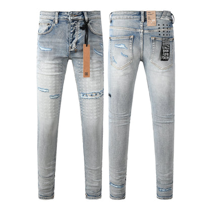 Men's Light Blue Slim Fit Distressed Jeans with Decorative Stitching, Graphic Patchwork, and Urban Street Style 3047