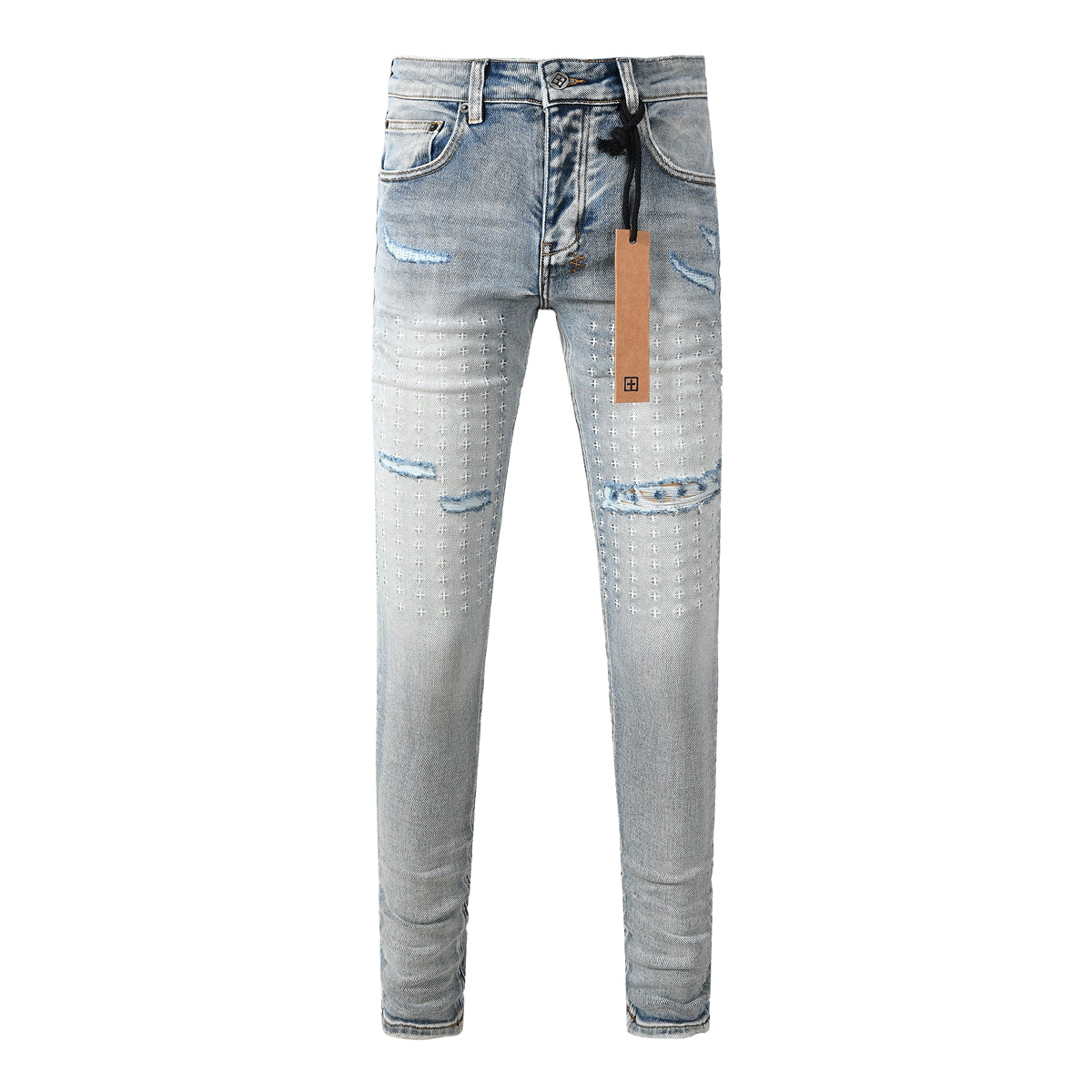 Men's Light Blue Slim Fit Distressed Jeans with Decorative Stitching, Graphic Patchwork, and Urban Street Style 3047