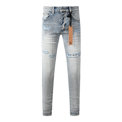 Men's Light Blue Slim Fit Distressed Jeans with Decorative Stitching, Graphic Patchwork, and Urban Street Style 3047