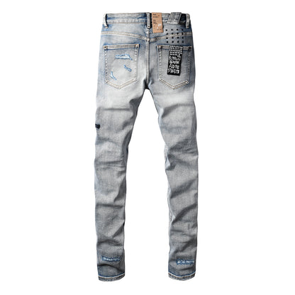 Men's Light Blue Slim Fit Distressed Jeans with Decorative Stitching, Graphic Patchwork, and Urban Street Style 3047