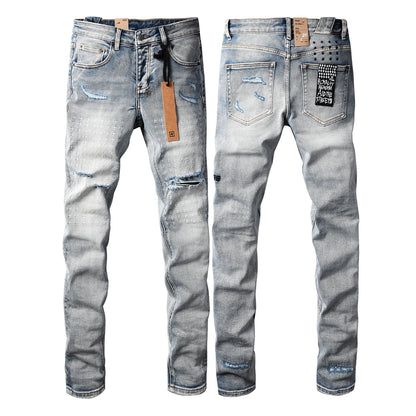Men's Light Blue Slim Fit Distressed Jeans with Decorative Stitching, Graphic Patchwork, and Urban Street Style 3047