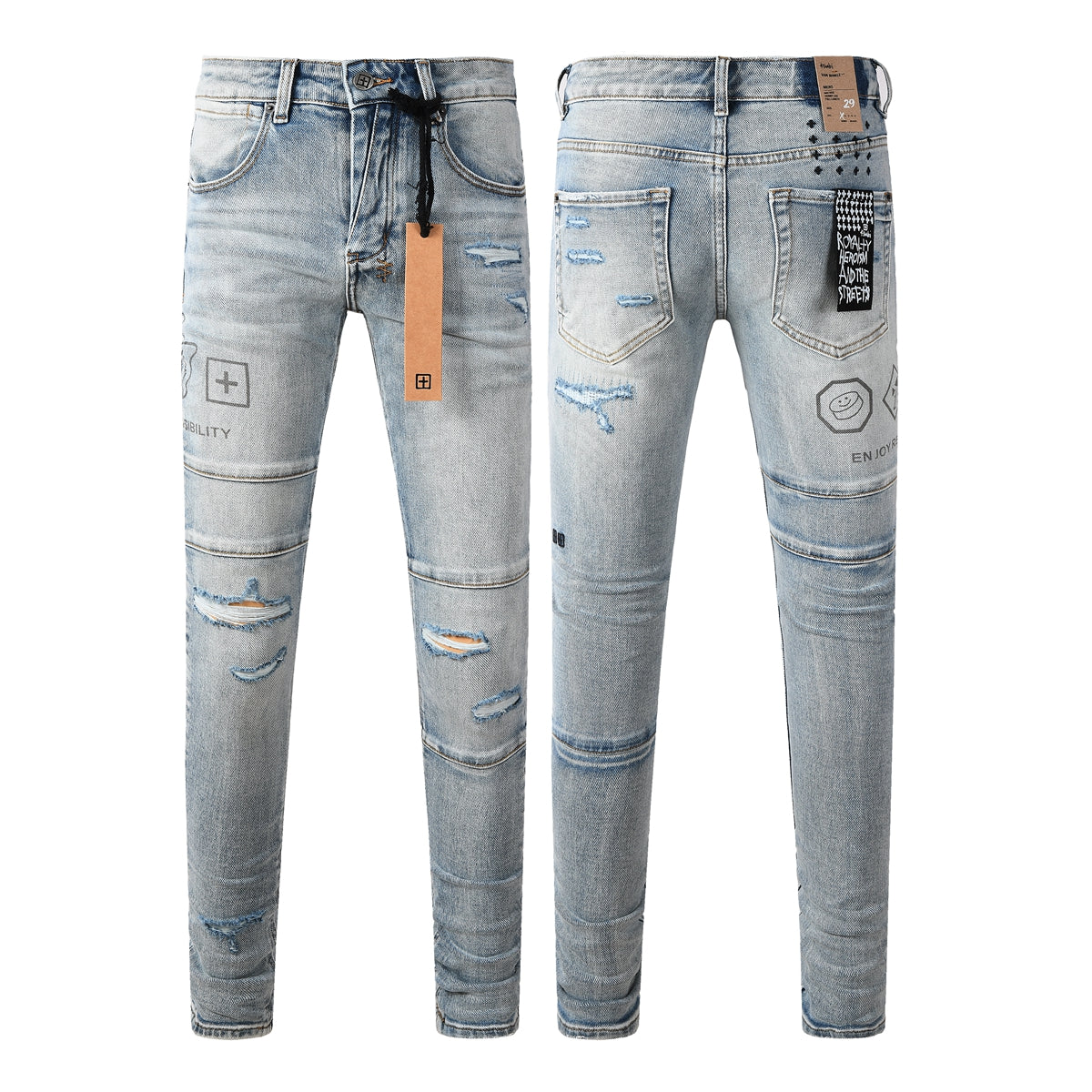 Edgy Streetwear Men’s Light Blue Ripped Skinny Jeans with Futuristic Symbol Graphic Patches and Heavy Distressing 3048