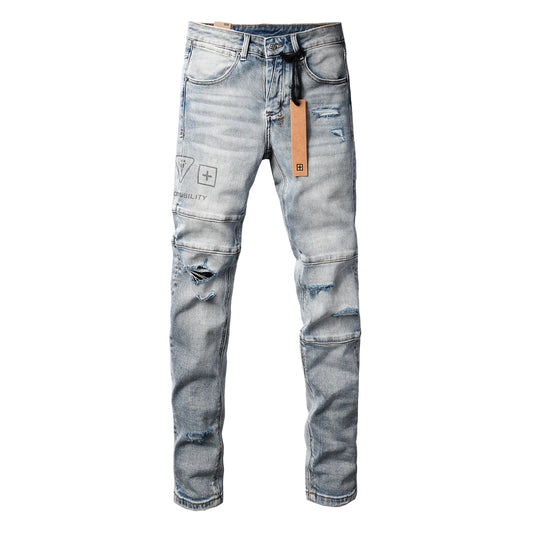 Edgy Streetwear Men’s Light Blue Ripped Skinny Jeans with Futuristic Symbol Graphic Patches and Heavy Distressing 3048
