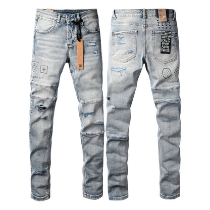 Edgy Streetwear Men’s Light Blue Ripped Skinny Jeans with Futuristic Symbol Graphic Patches and Heavy Distressing 3048