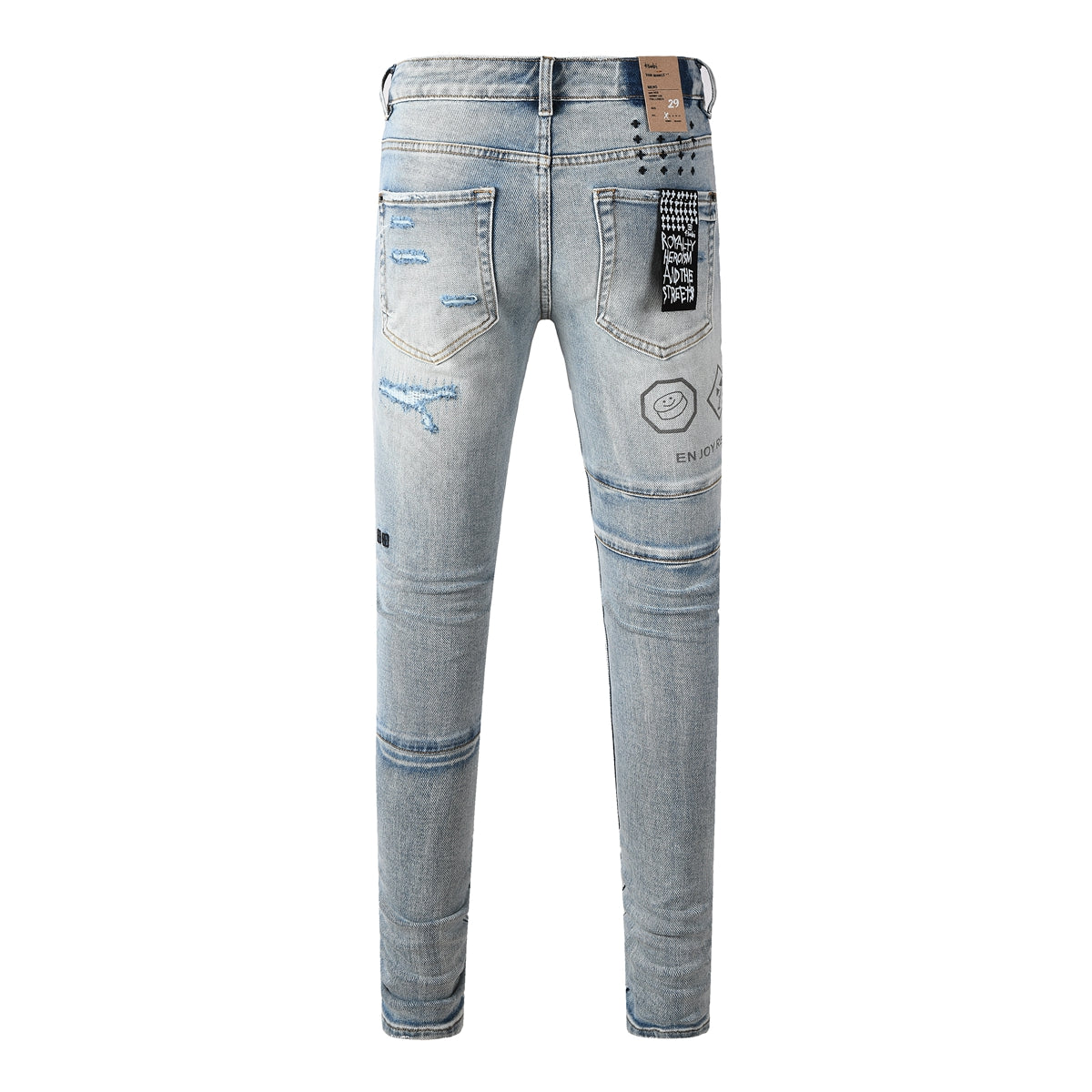 Edgy Streetwear Men’s Light Blue Ripped Skinny Jeans with Futuristic Symbol Graphic Patches and Heavy Distressing 3048