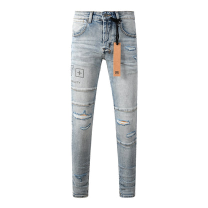 Edgy Streetwear Men’s Light Blue Ripped Skinny Jeans with Futuristic Symbol Graphic Patches and Heavy Distressing 3048