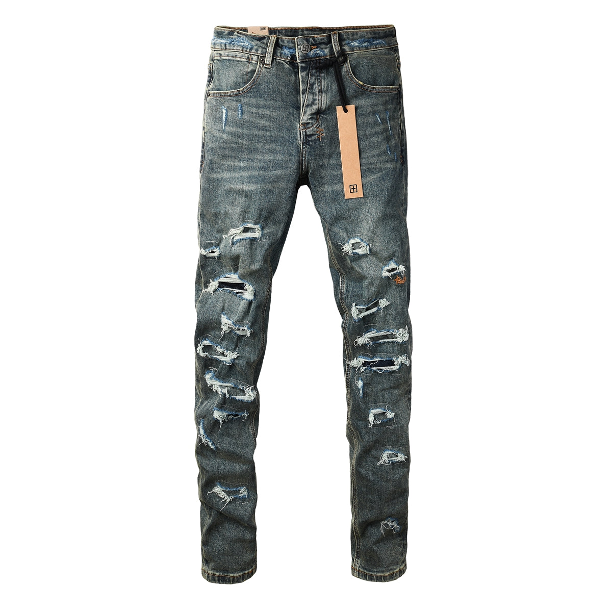 Men’s Dark Blue Heavy Ripped Skinny Jeans with Extreme Distressing and Back Graphic Patch for Street Style 3049