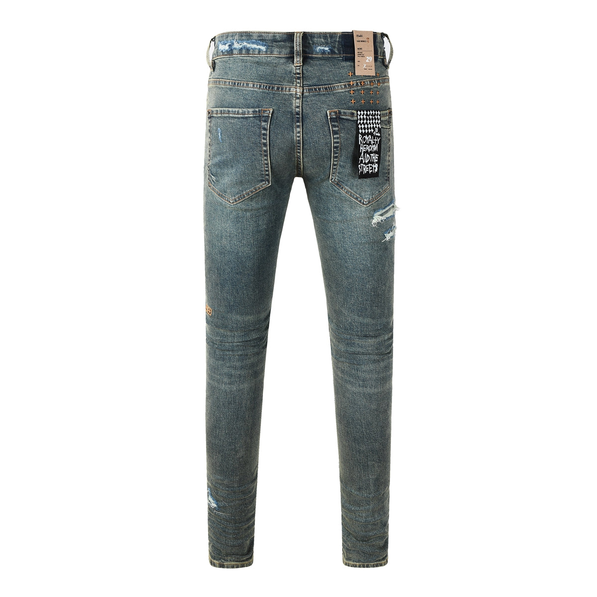 Men’s Dark Blue Heavy Ripped Skinny Jeans with Extreme Distressing and Back Graphic Patch for Street Style 3049