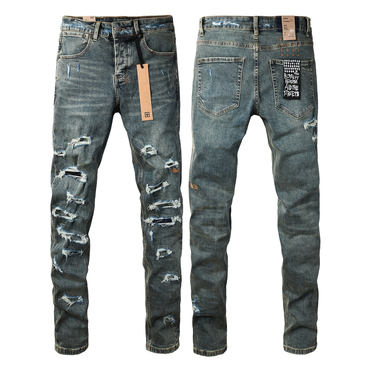 Men’s Dark Blue Heavy Ripped Skinny Jeans with Extreme Distressing and Back Graphic Patch for Street Style 3049