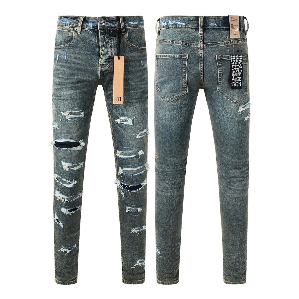Men’s Dark Blue Heavy Ripped Skinny Jeans with Extreme Distressing and Back Graphic Patch for Street Style 3049