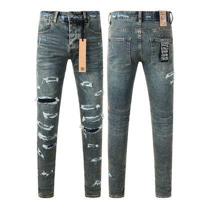 Men’s Dark Blue Heavy Ripped Skinny Jeans with Extreme Distressing and Back Graphic Patch for Street Style 3049