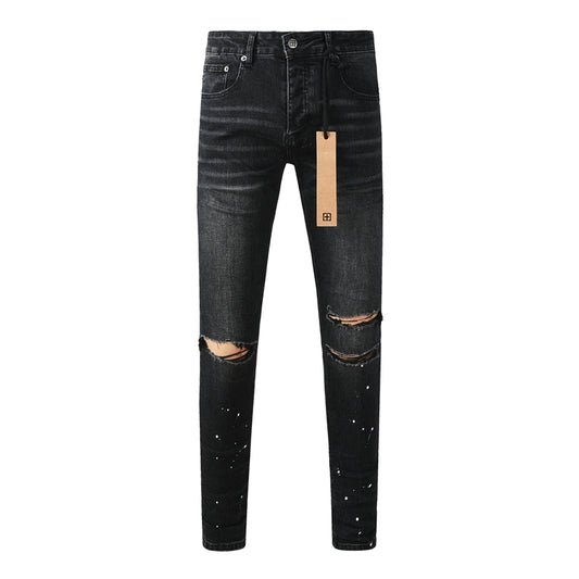 Slim Fit Distressed Black Denim Pants for Men with Knee Rips and White Paint Dots 3051