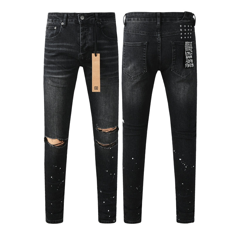 Slim Fit Distressed Black Denim Pants for Men with Knee Rips and White Paint Dots 3051