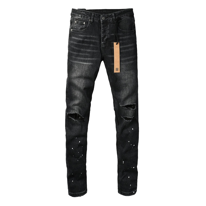 Slim Fit Distressed Black Denim Pants for Men with Knee Rips and White Paint Dots 3051