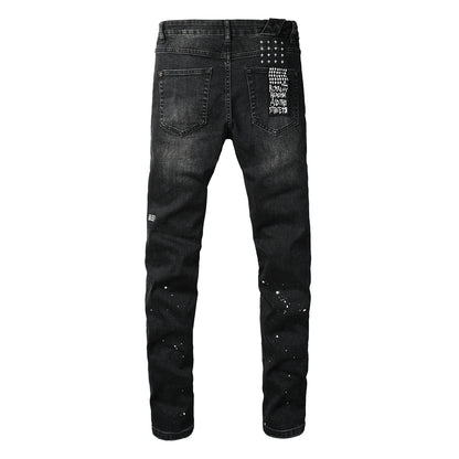 Slim Fit Distressed Black Denim Pants for Men with Knee Rips and White Paint Dots 3051