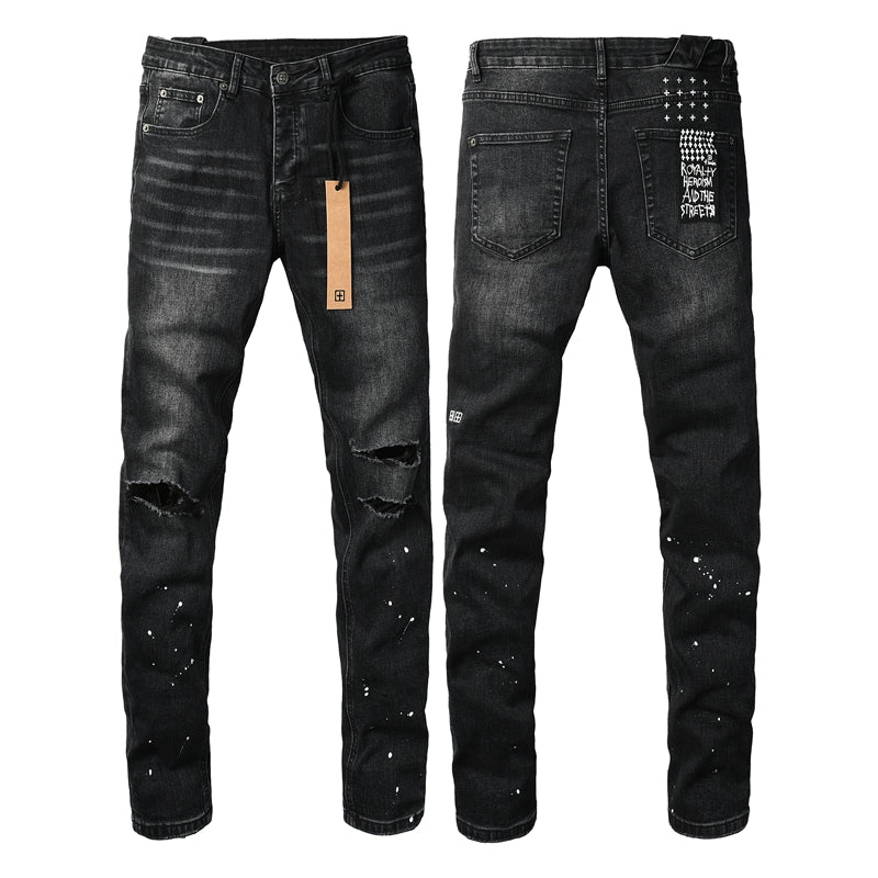 Slim Fit Distressed Black Denim Pants for Men with Knee Rips and White Paint Dots 3051
