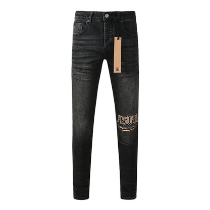 Mens Skinny Black Jeans with Ripped Embroidery and Printed Back Pocket Streetwear Style 3052
