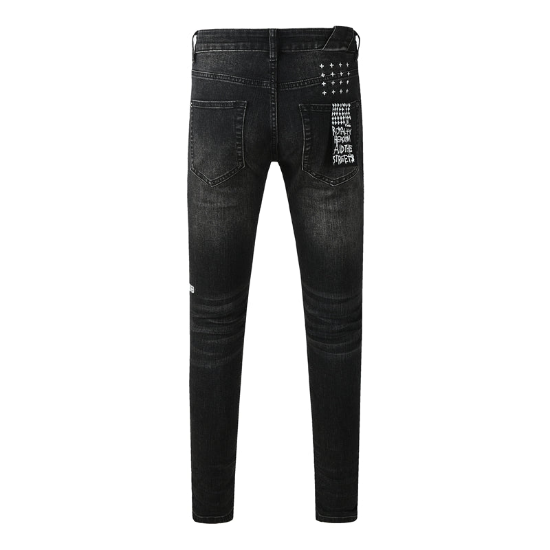 Mens Skinny Black Jeans with Ripped Embroidery and Printed Back Pocket Streetwear Style 3052