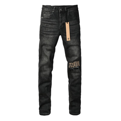 Mens Skinny Black Jeans with Ripped Embroidery and Printed Back Pocket Streetwear Style 3052