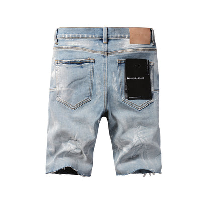 Casual Streetwear Denim Shorts for Men Featuring Distressed Detailing, Raw Cut Hem, and Faded Wash 5091