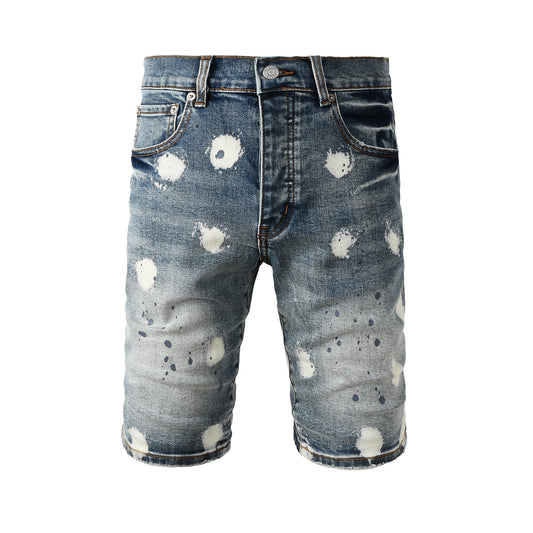 Men’s Blue Washed Denim Shorts with White Paint Splatter Pattern Streetwear Casual Style 5092