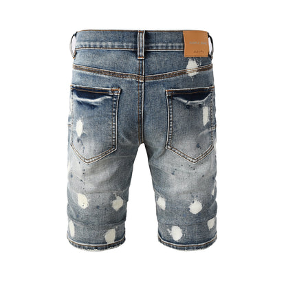 Men’s Blue Washed Denim Shorts with White Paint Splatter Pattern Streetwear Casual Style 5092