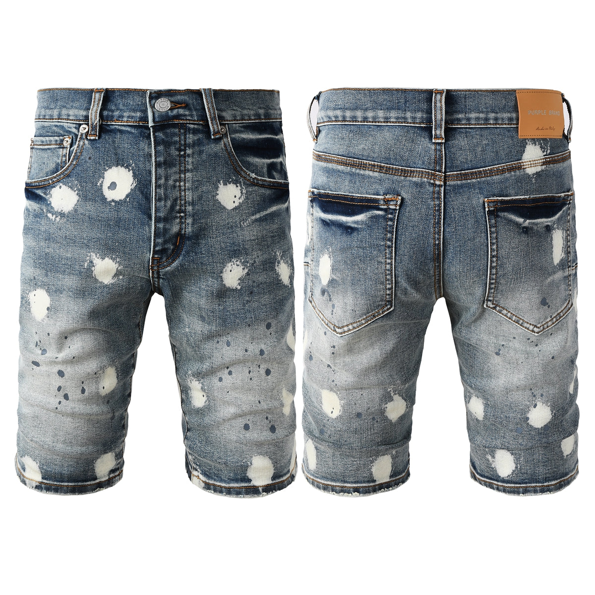 Men’s Blue Washed Denim Shorts with White Paint Splatter Pattern Streetwear Casual Style 5092