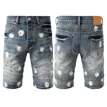 Men’s Blue Washed Denim Shorts with White Paint Splatter Pattern Streetwear Casual Style 5092