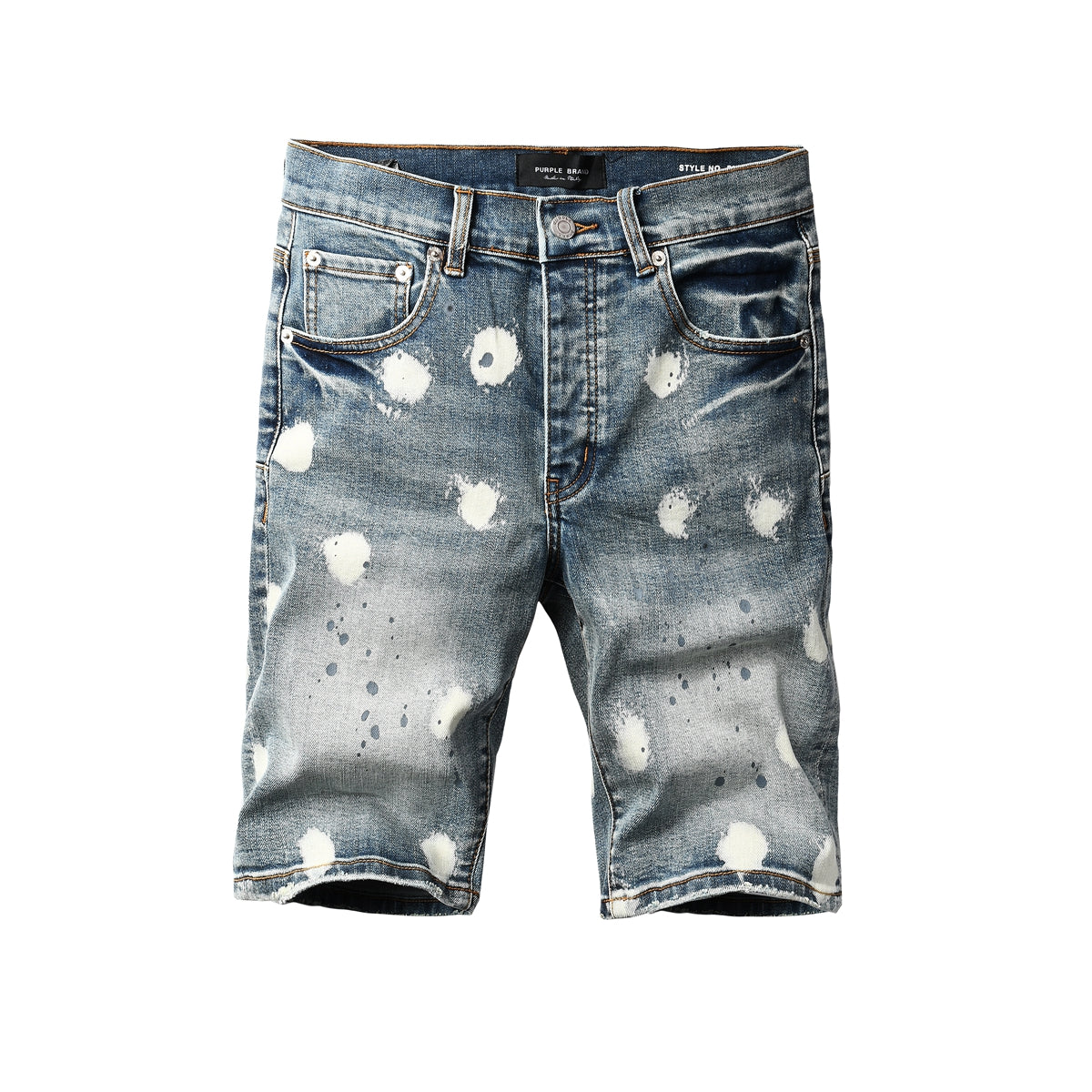 Men’s Blue Washed Denim Shorts with White Paint Splatter Pattern Streetwear Casual Style 5092