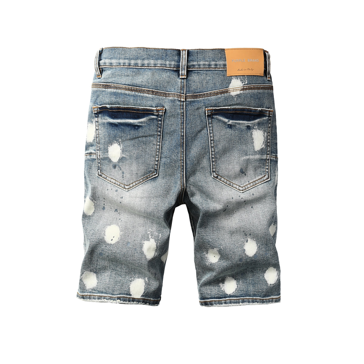 Men’s Blue Washed Denim Shorts with White Paint Splatter Pattern Streetwear Casual Style 5092