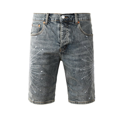 Men’s Gray Washed Denim Shorts with Shiny Studded Sunburst Pattern Streetwear Fashion Style 5093