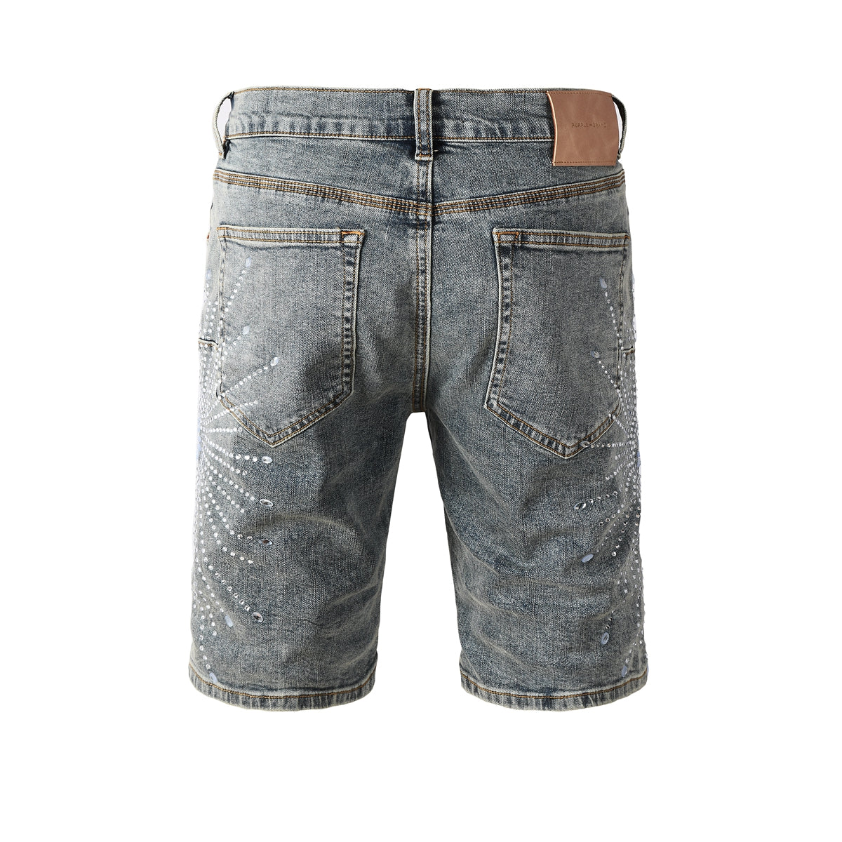 Men’s Gray Washed Denim Shorts with Shiny Studded Sunburst Pattern Streetwear Fashion Style 5093