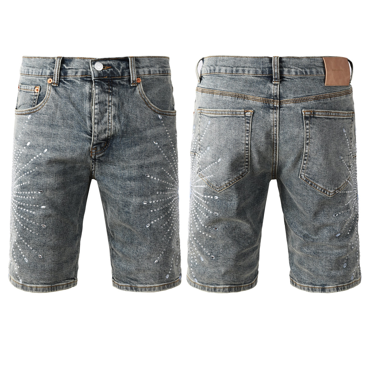 Men’s Gray Washed Denim Shorts with Shiny Studded Sunburst Pattern Streetwear Fashion Style 5093