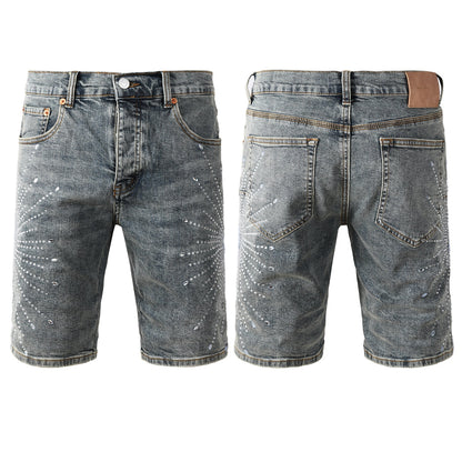 Men’s Gray Washed Denim Shorts with Shiny Studded Sunburst Pattern Streetwear Fashion Style 5093